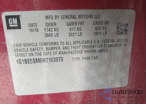 2017 Chevrolet Cruze Lt Auto z USA, uszkodzony, nr VIN 1G1BE5SM6H7163870